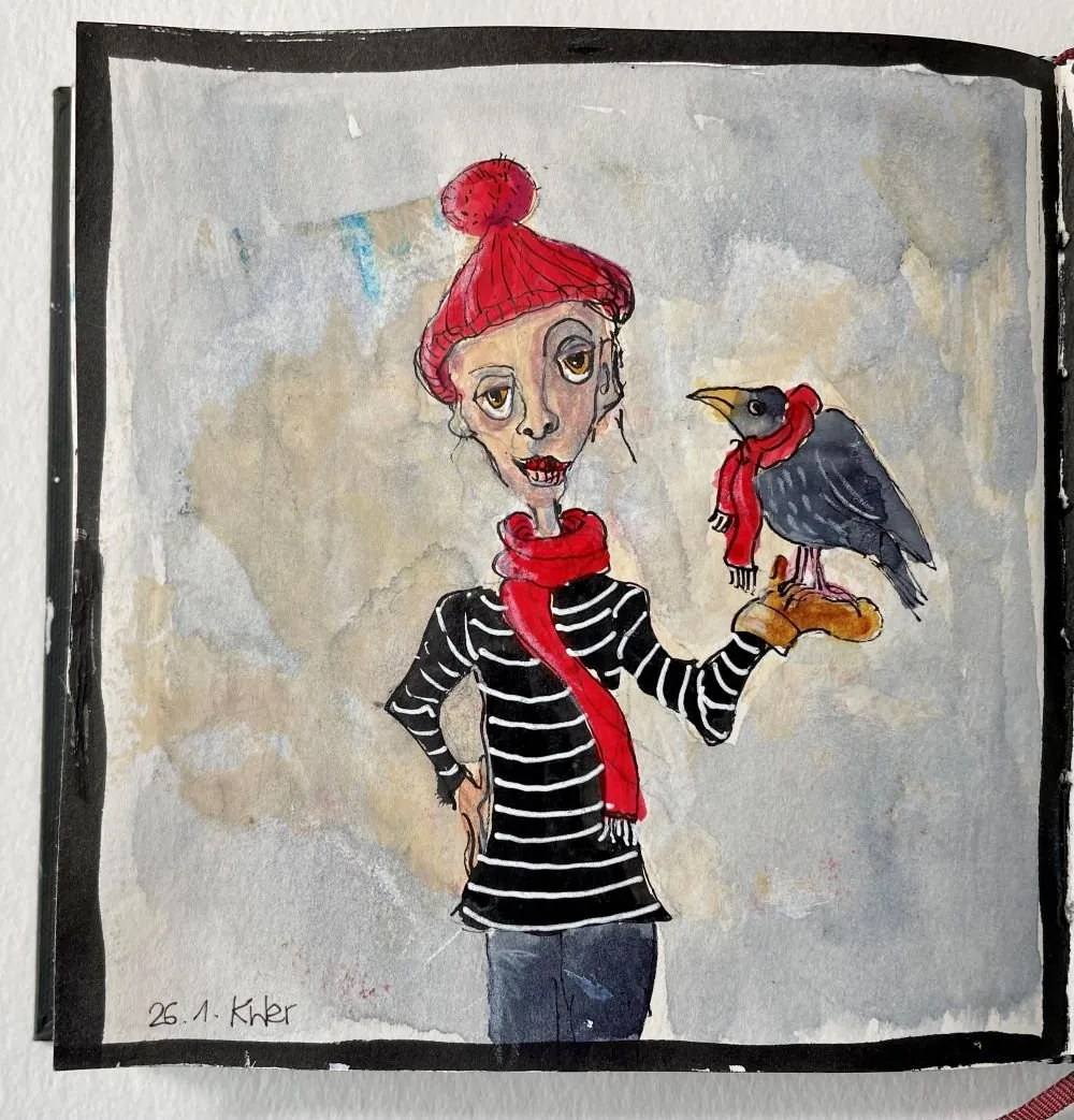 A watercolor painting of a woman with exaggerated facial features wearing a red beanie, black and white striped shirt, and a red scarf. She holds a bird, likely a crow or raven, on her hand, which also wears a red scarf. The background is a muted, watercolored wash. The artist's signature and date '26.1. Kler' are in the lower left corner.