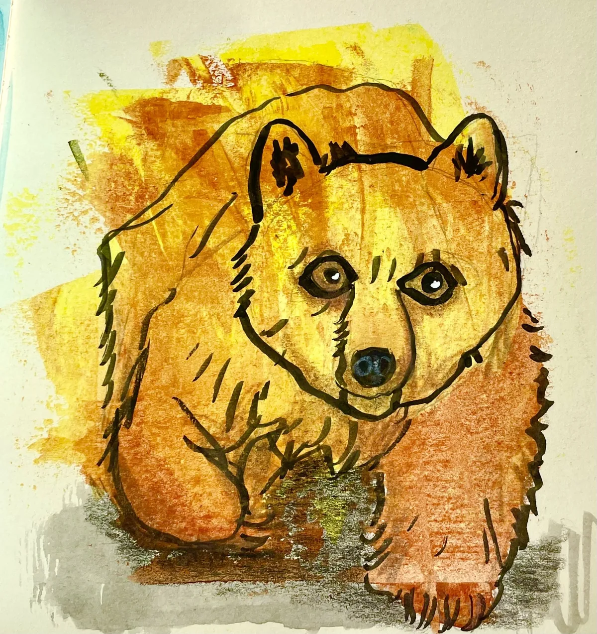Ein roter Fuchs, gezeichnet mit schwarzen Linien, vor einem gelben und orangefarbenen Hintergrund.