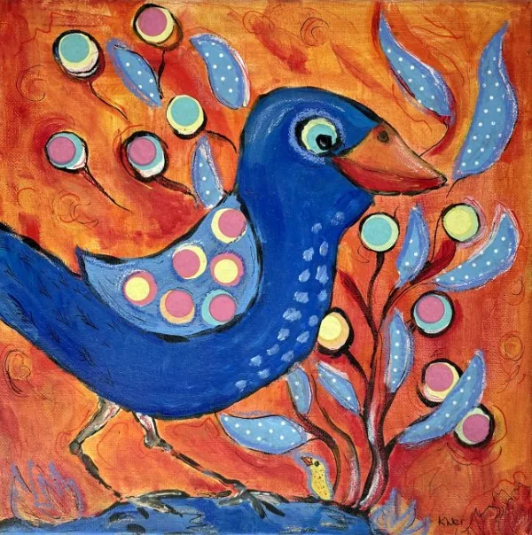 Blauer Vogel, Mixed Media auf Leinwand, 30*30 cm, 200 Euro
