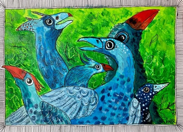 Blaue Vögel, Tusche und Acryl, 15*21 cm, 150 Euro