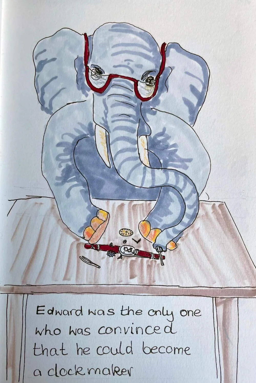 Eine Illustration eines elefantenförmigen Roboters, der an einem Tisch sitzt und an einer Uhr arbeitet. Darunter befindet sich ein Text, der sagt, dass Edward als einziger überzeugt war, dass er Uhrmacher werden konnte.