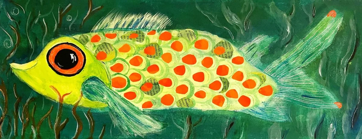 Gelber Fisch, Acryl, Collage, Ölpastell auf Leinwand, 20x50 cm, 190 Euro