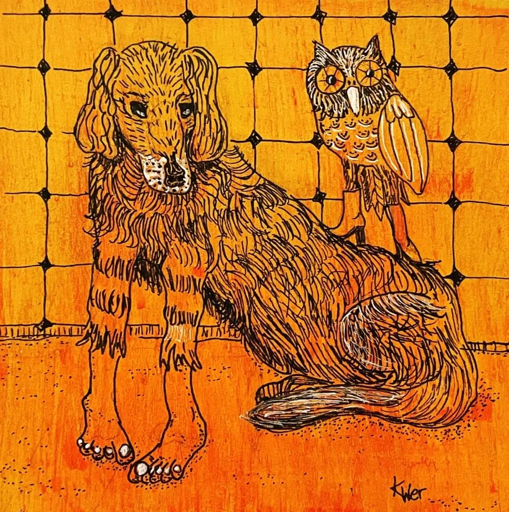Hund mit Eule, Fineliner und Acryl auf Holz, 12*12 cm, 100 Euro
