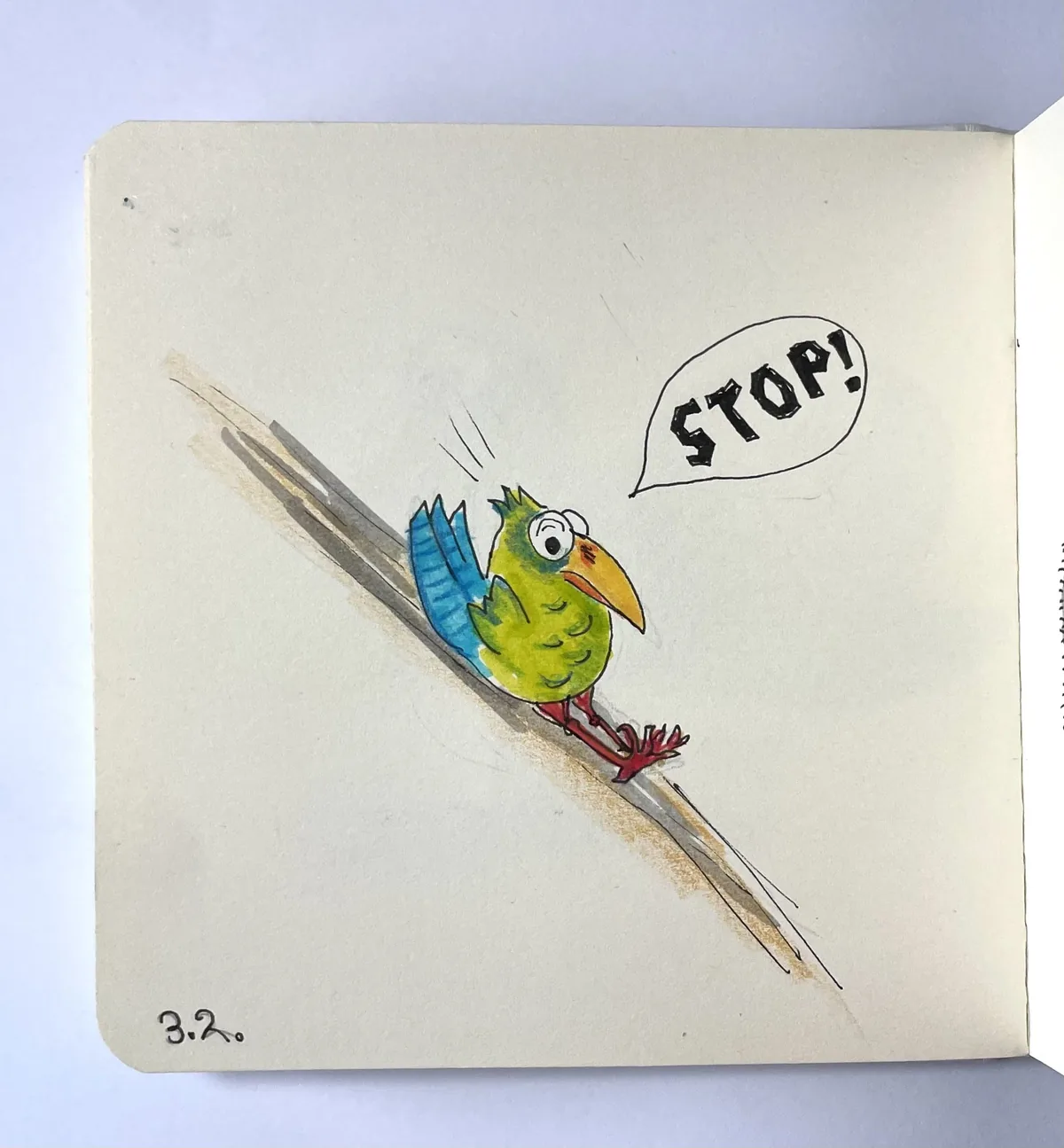 Handzeichnung eines bunten Vogels, der auf einem Ast sitzt, mit einem Sprechblasen-Symbol, in dem das Wort 'STOP!' geschrieben steht.