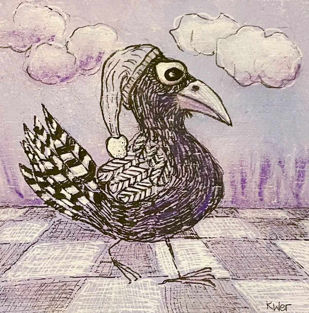 Schlafmütze, Fineliner und Acryl auf Holz, 12*12 cm, 100 Euro