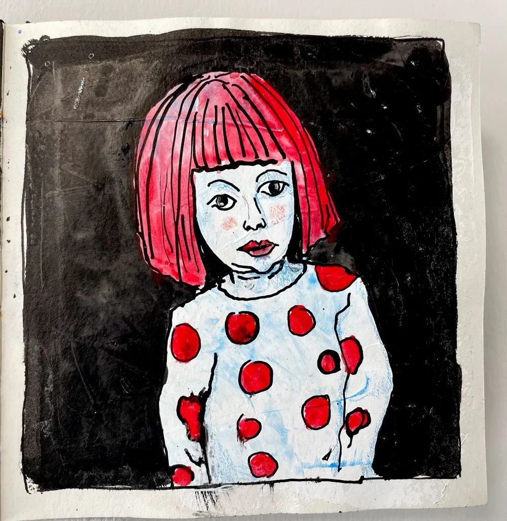 A hand-drawn portrait of a young girl with pink hair, wearing a polka dot shirt, against a black background.