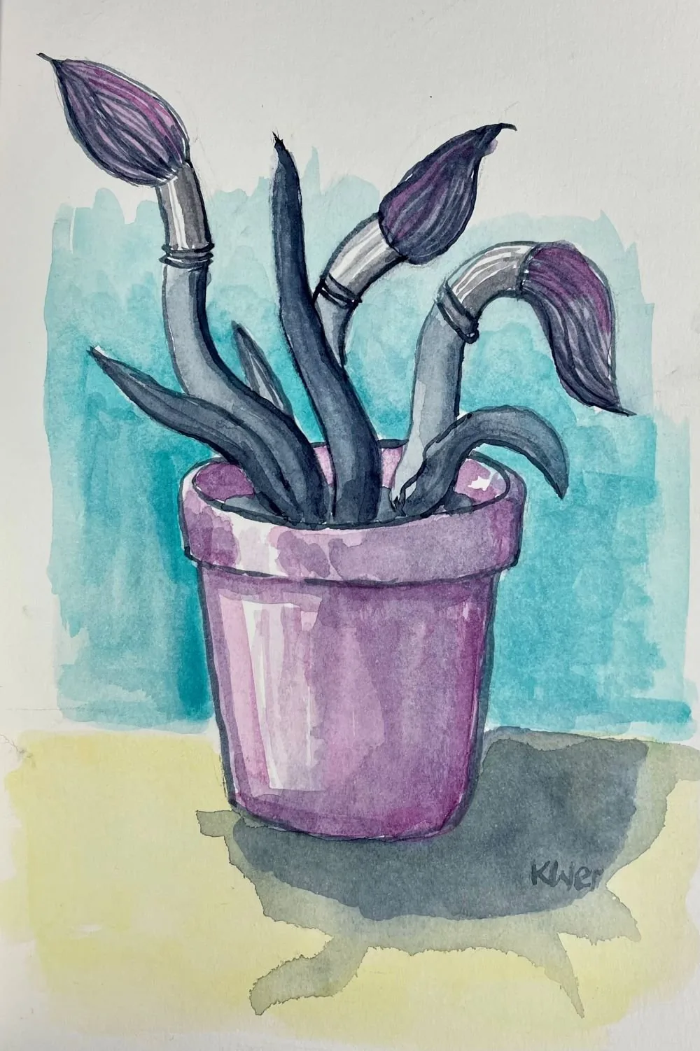 A watercolor painting of a potted plant with dark purple and gray leaves in a purple pot on a yellow surface, with a blue background.