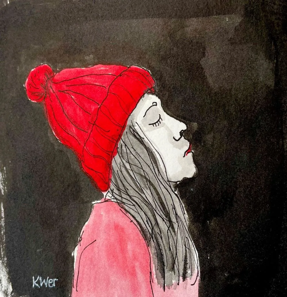 Eine seitliche Zeichnung eines Mädchens mit roten Haaren, die eine rote Mütze trägt, und einem rosa Pullover auf schwarzem Hintergrund.