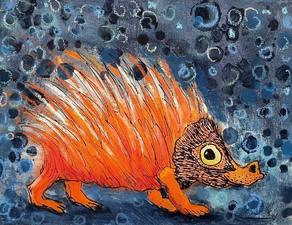 Roter Igel, Mixed Media auf Leinwandpappe, 18 *25 cm, verkauft