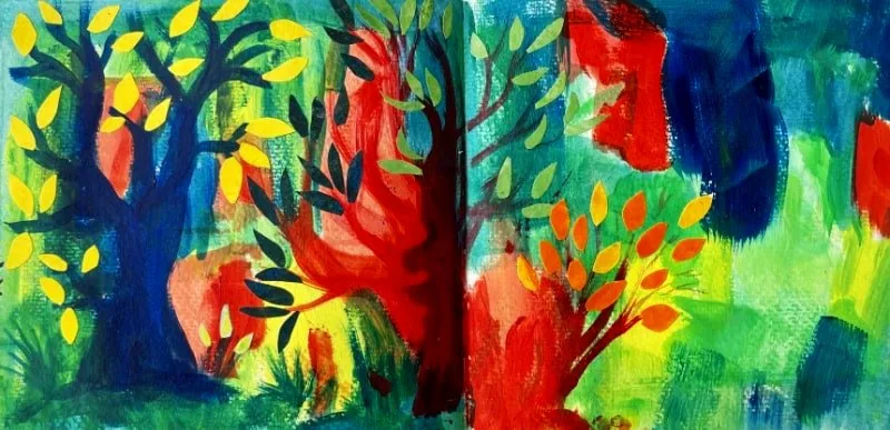 A colorful abstract painting of trees with yellow, green, red, and blue leaves.