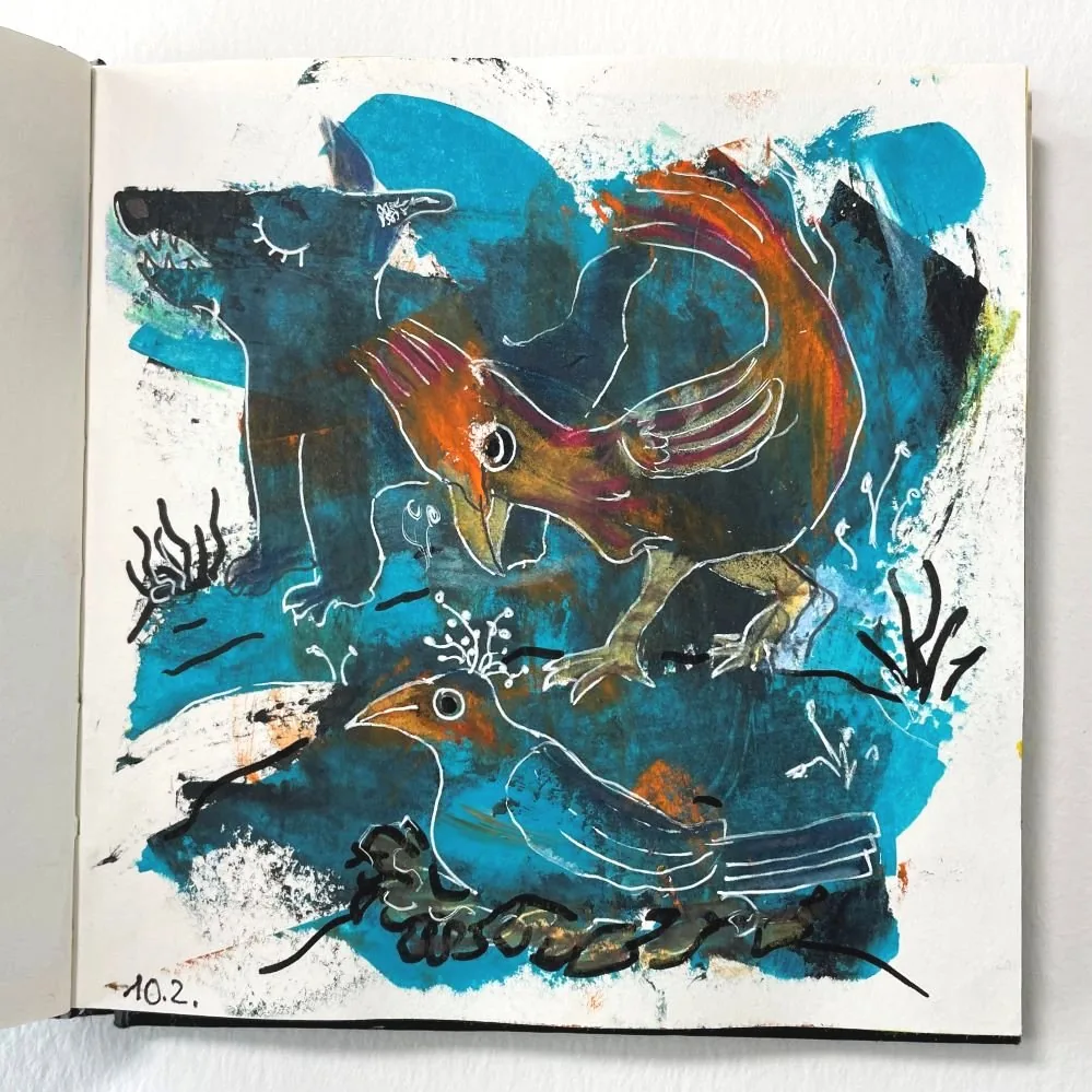 Abstraktes Gemälde mit knalligen Farben, zeigt drei Vögel und ein Tier mit Fuchsschwanz, umgeben von Pflanzen und Wasser. Stylisierte Linien und leuchtende Töne dominieren.
