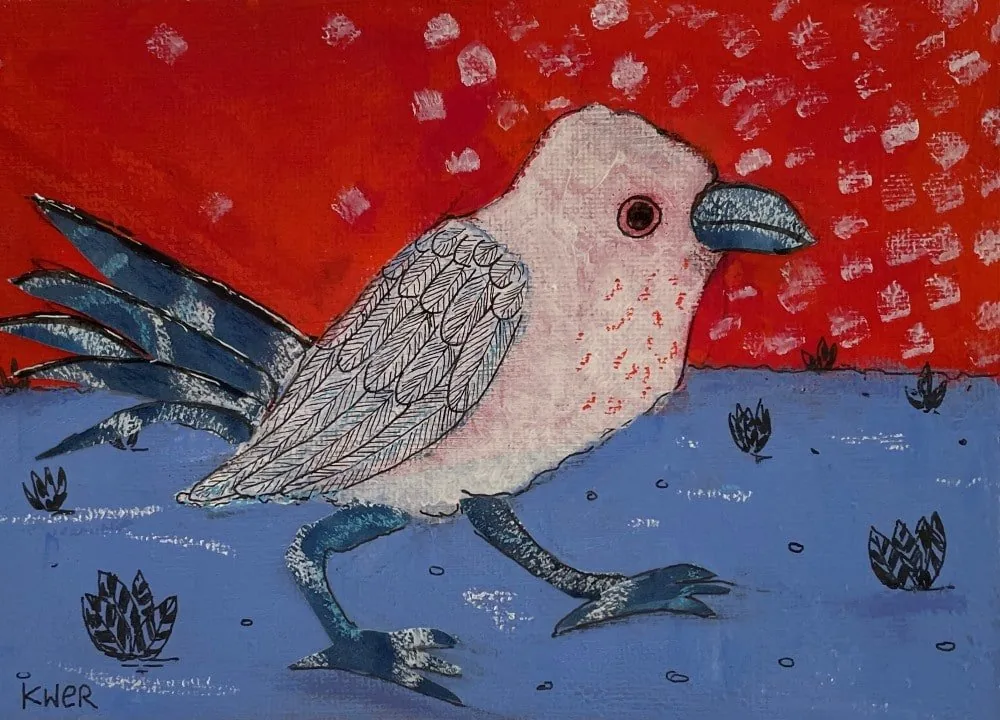 Weißer Vogel, Fineliner und Acryl auf Leinwandpappe, 13*18 cm, 110 Euro