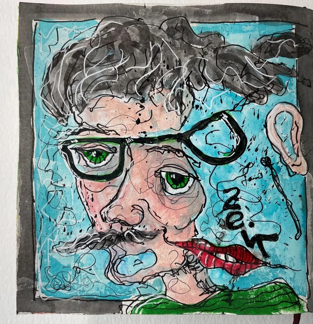 Kunstwerk eines Mannes mit grünen Augen, Schnurrbart und Brille, rauchend, mit blauen Hintergrund und roten Lippen, das Wort 'sind?' ist sichtbar.