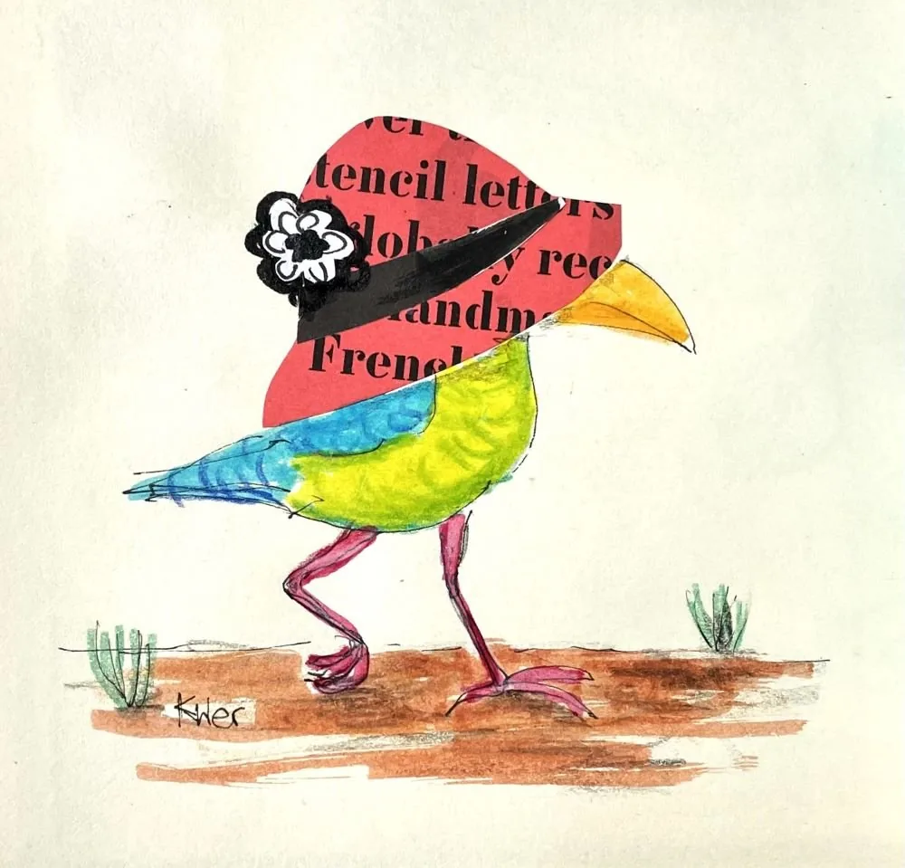 Eine bunte Zeichnung eines Vogels mit einem Kopf, der mit einem roten Papierschnitt, das Texte enthält, bedeckt ist, auf einem Boden mit zwei kleinen Pflanzen.